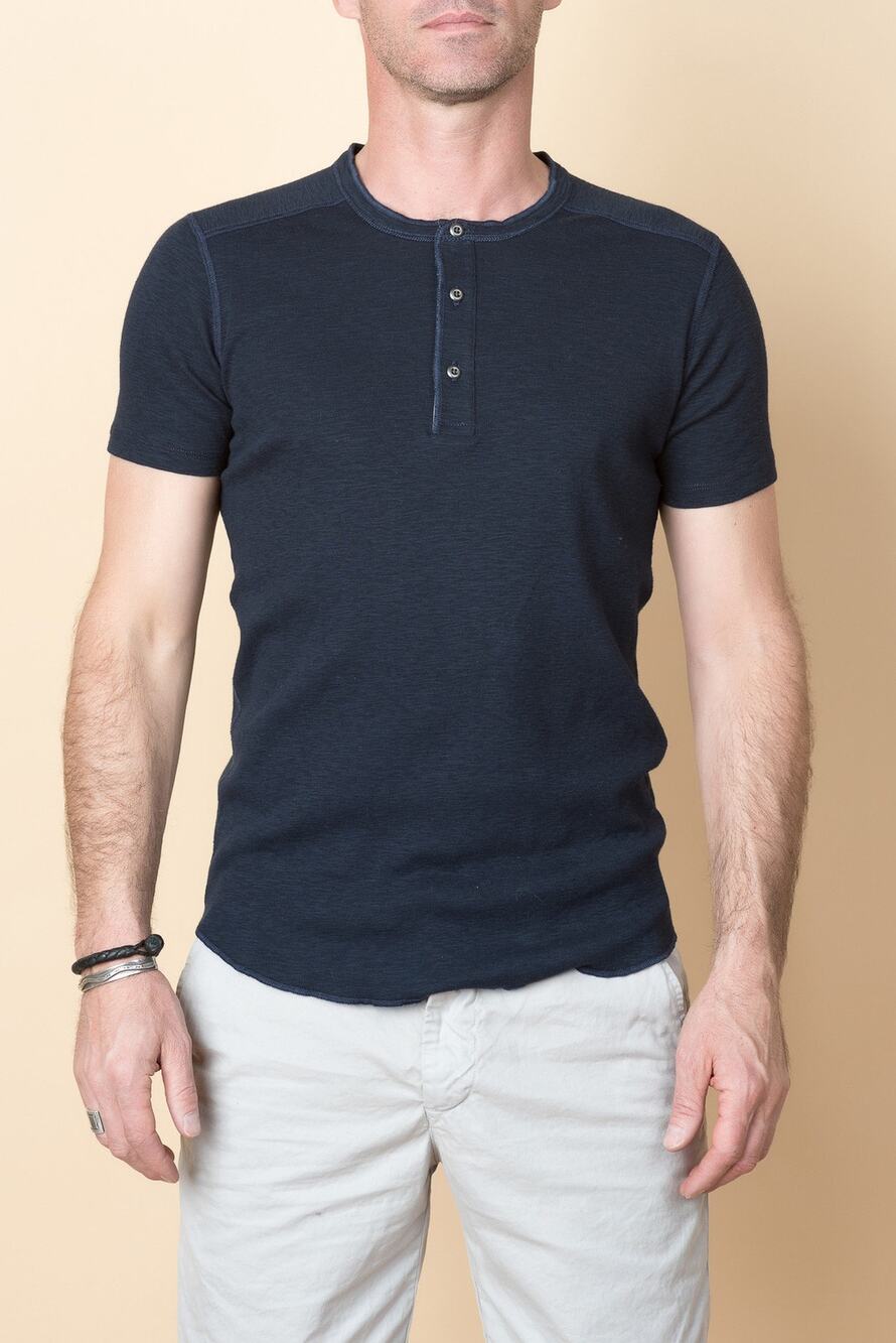 Wings + Horns Henley Shirt Slub Knit Short Sleeves Grunge Slim Fit Blue Size S